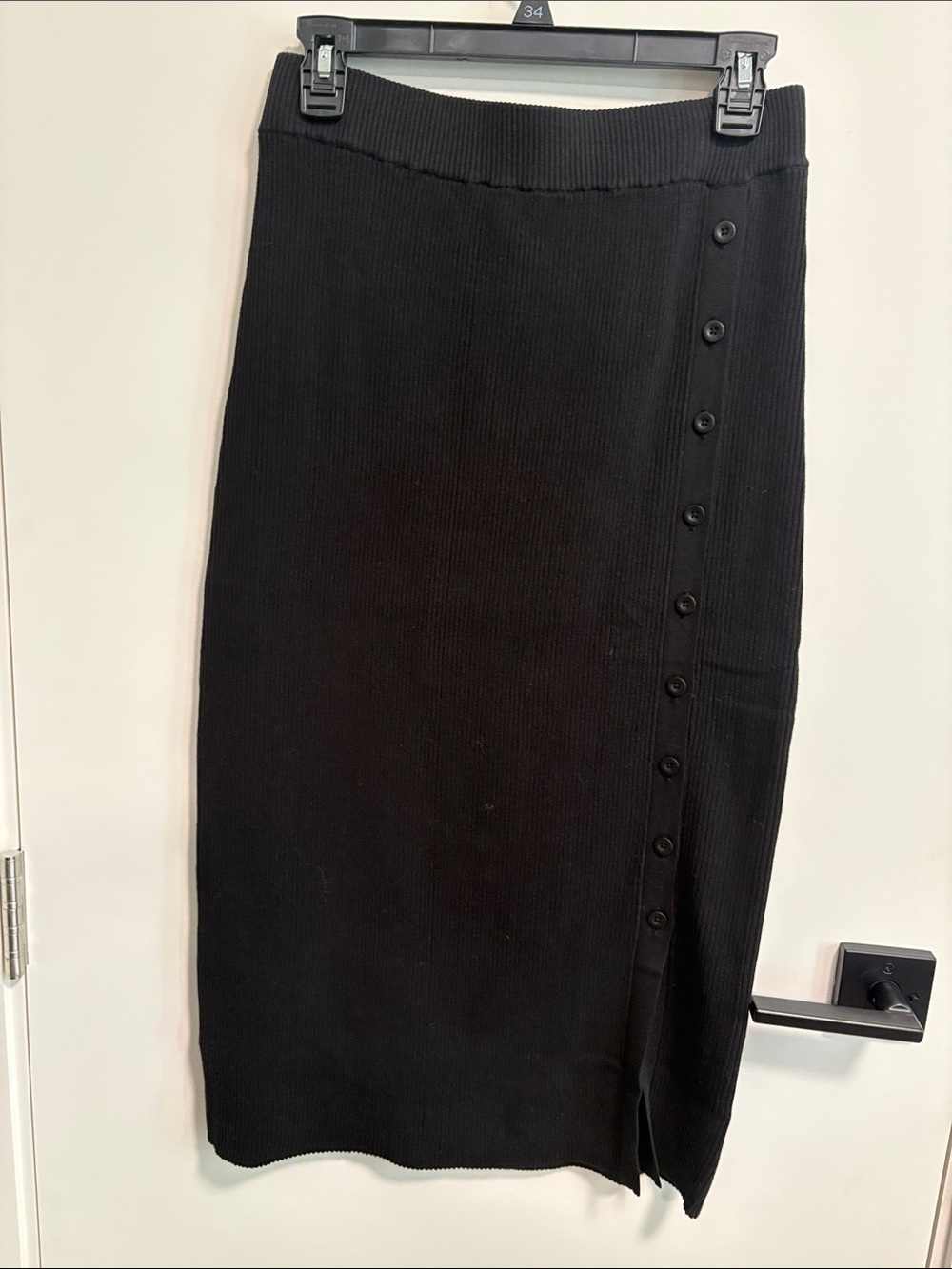 Ribbed Black Midi Skirt with Side Button Detail